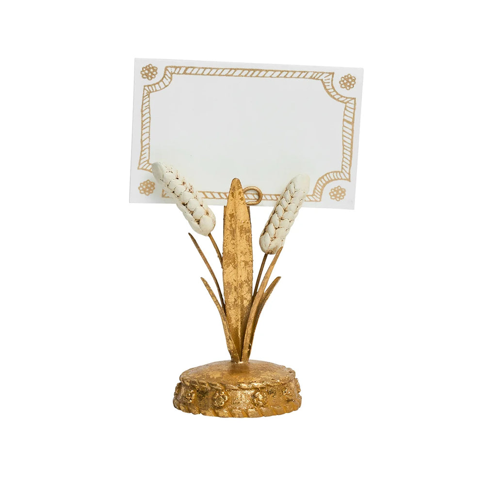 Gold Wheat Place Card Holder displaying a white place card with a decorative gold border for an elegant table setting