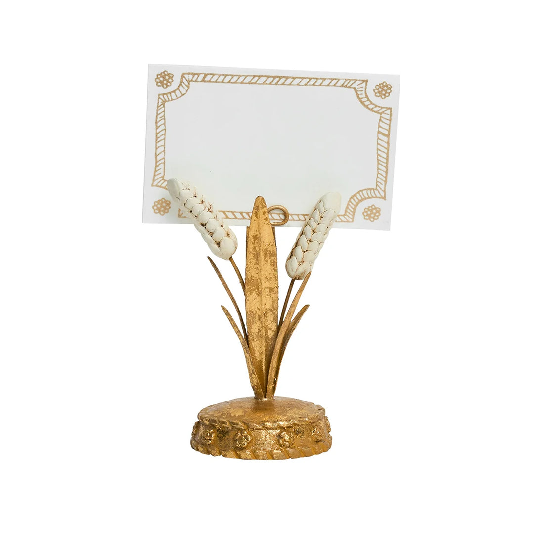 Gold Wheat Place Card Holder displaying a white place card with a decorative gold border for an elegant table setting