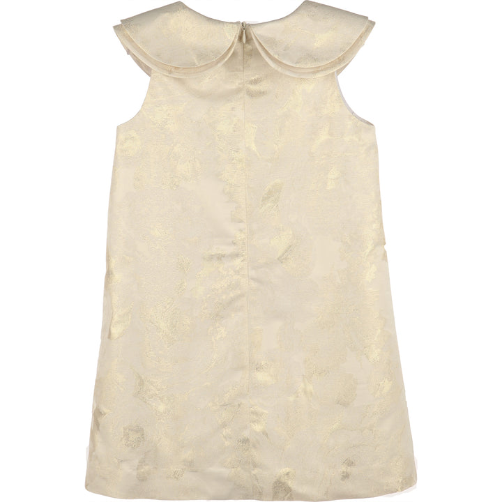 Back view of Golden Flowers A-Line Dress for girls with shimmering gold floral detailing and a classic A-line silhouette