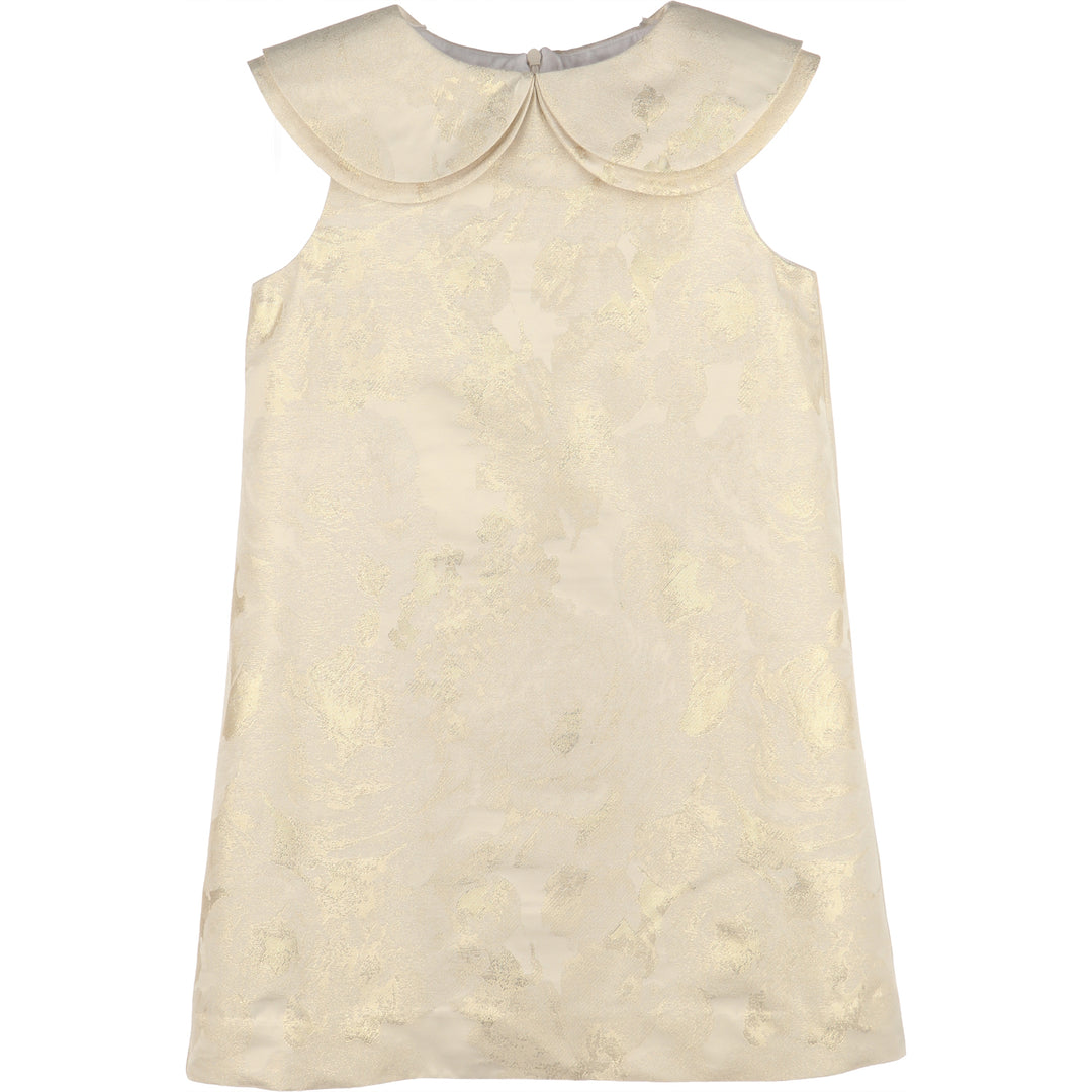 Golden Flowers A-Line Dress for girls featuring a cream and gold floral design, sleeveless silhouette, and layered Peter Pan collar