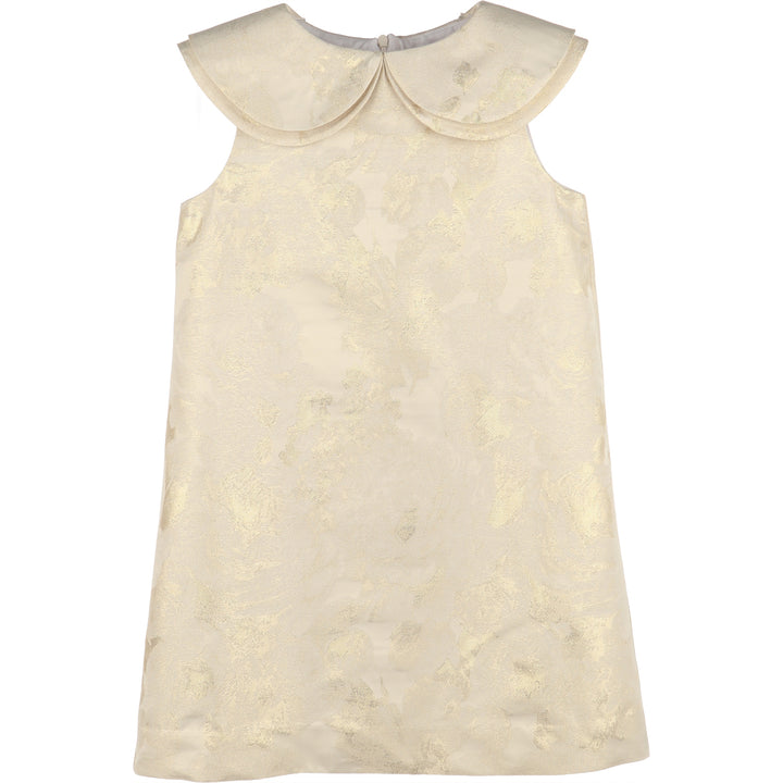 Golden Flowers A-Line Dress for girls featuring a cream and gold floral design, sleeveless silhouette, and layered Peter Pan collar