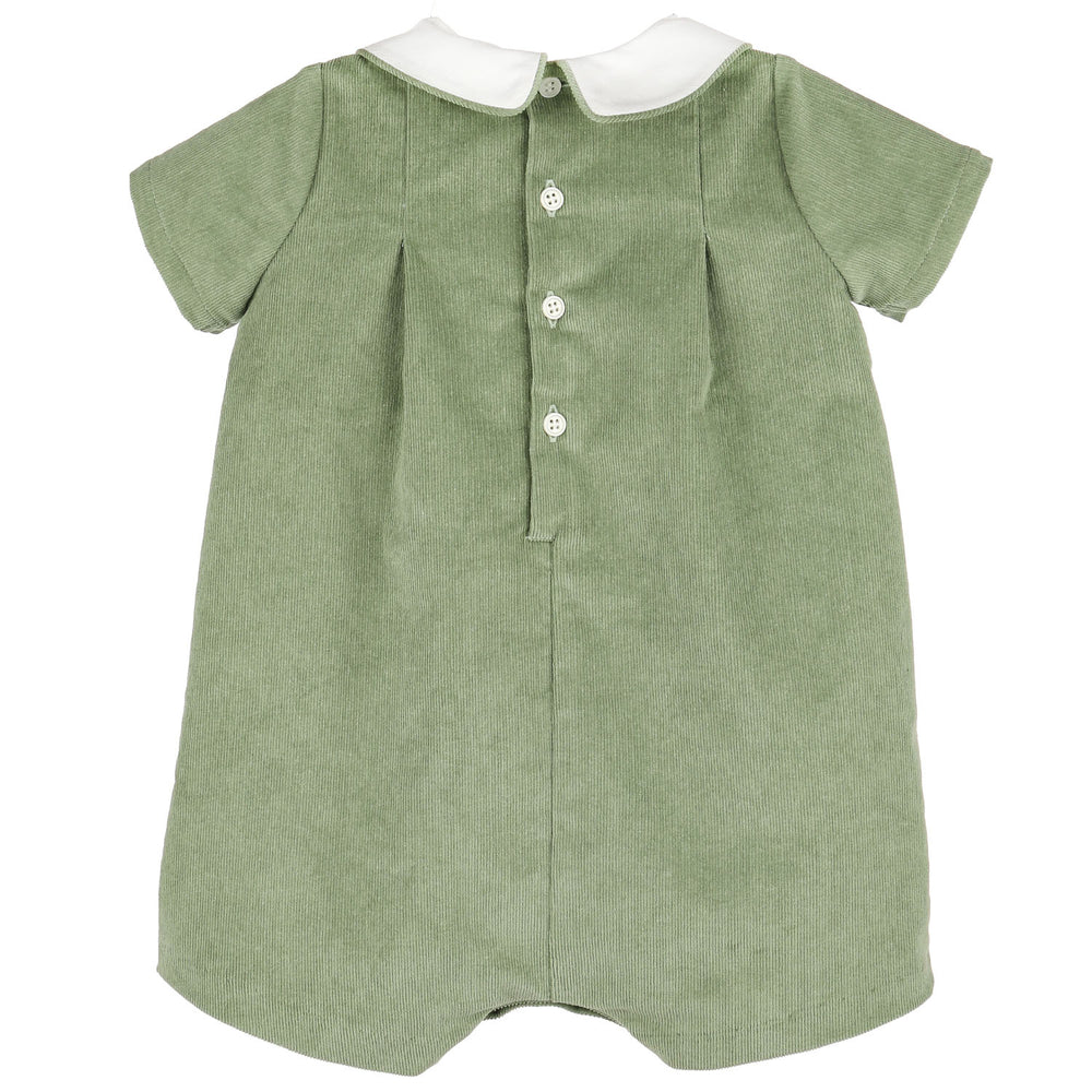 Back view of Green Heirloom Corduroy baby boy romper featuring sage green corduroy, a white Peter Pan collar, short sleeves, pleats, and button closures.