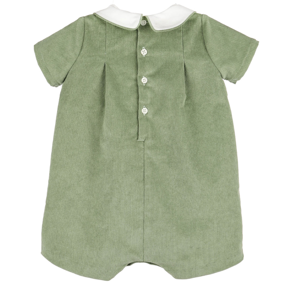 Back view of Green Heirloom Corduroy baby boy romper featuring sage green corduroy, a white Peter Pan collar, short sleeves, pleats, and button closures.
