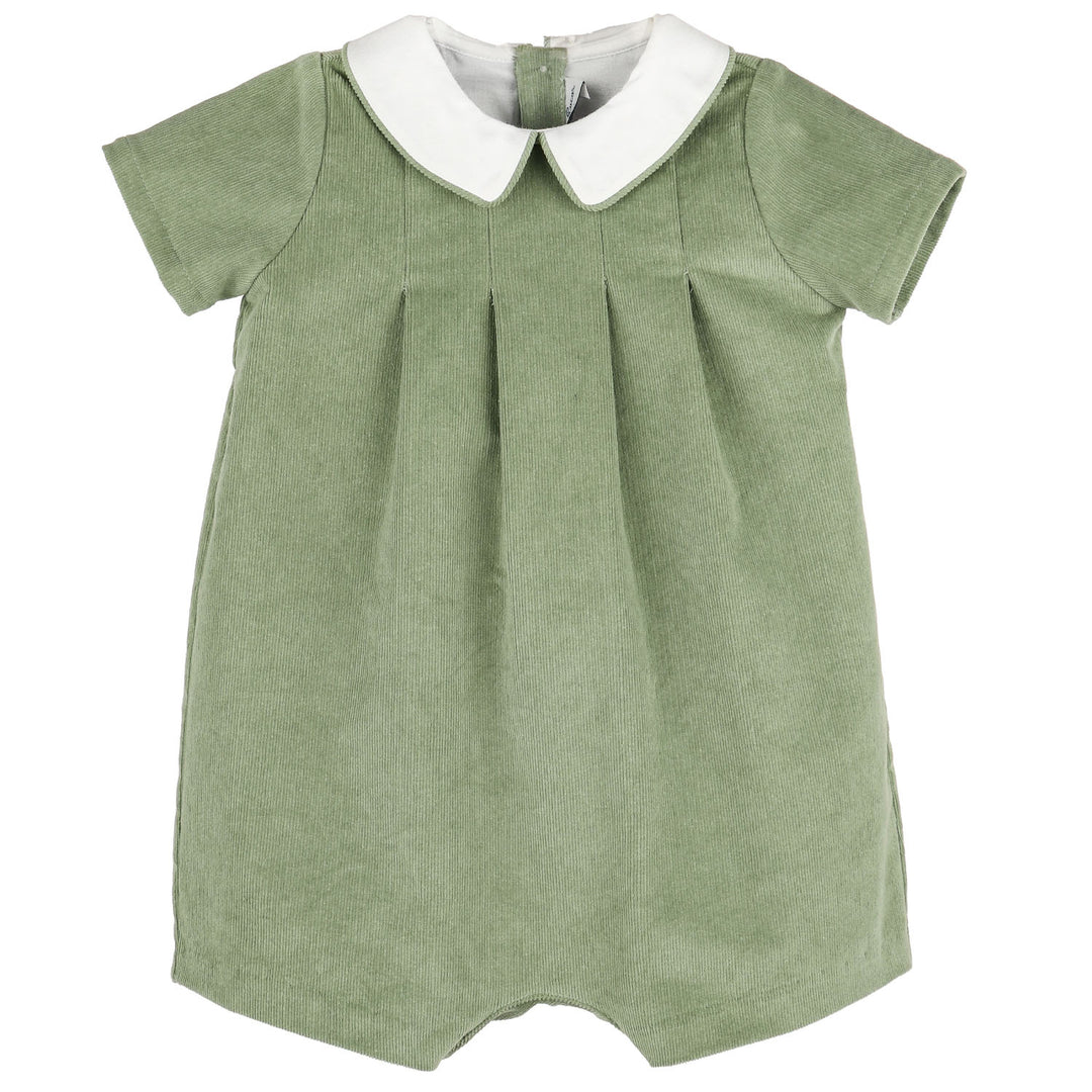 Front view of Green Heirloom Corduroy baby boy romper featuring sage green corduroy, a white Peter Pan collar, short sleeves, and tailored front pleats.