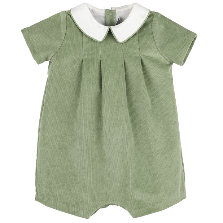 Front view of Green Heirloom Corduroy baby boy romper featuring sage green corduroy, a white Peter Pan collar, short sleeves, and tailored front pleats.