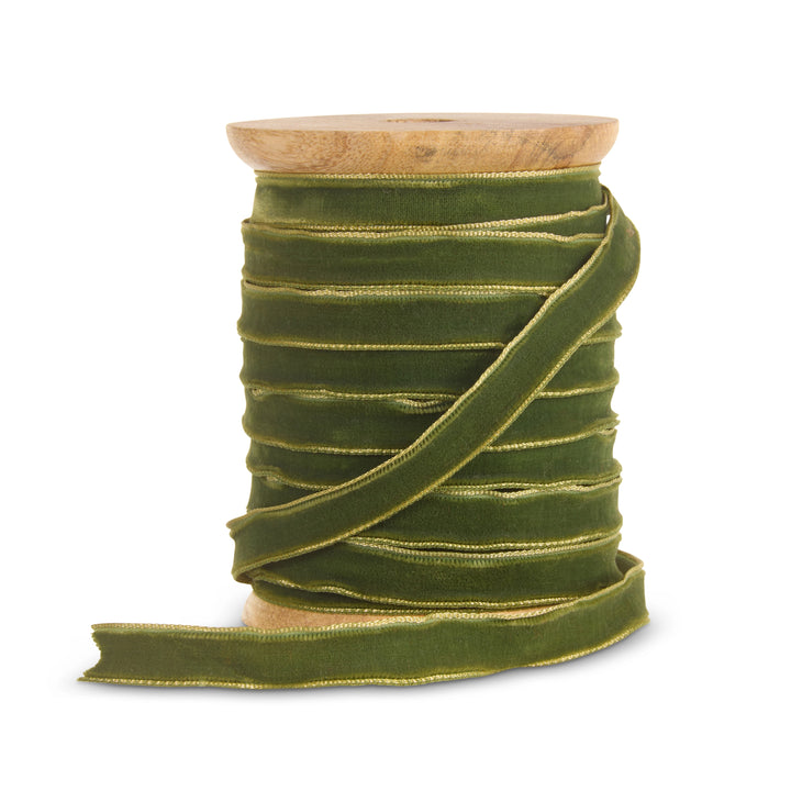 Green holiday ribbon with a delicate gold edge, featuring a narrow 0.5-inch width and 10-yard spool, perfect for Christmas wreaths, garlands, gift wrapping, tree decorating, floral arrangements, bows, and detailed holiday accents.