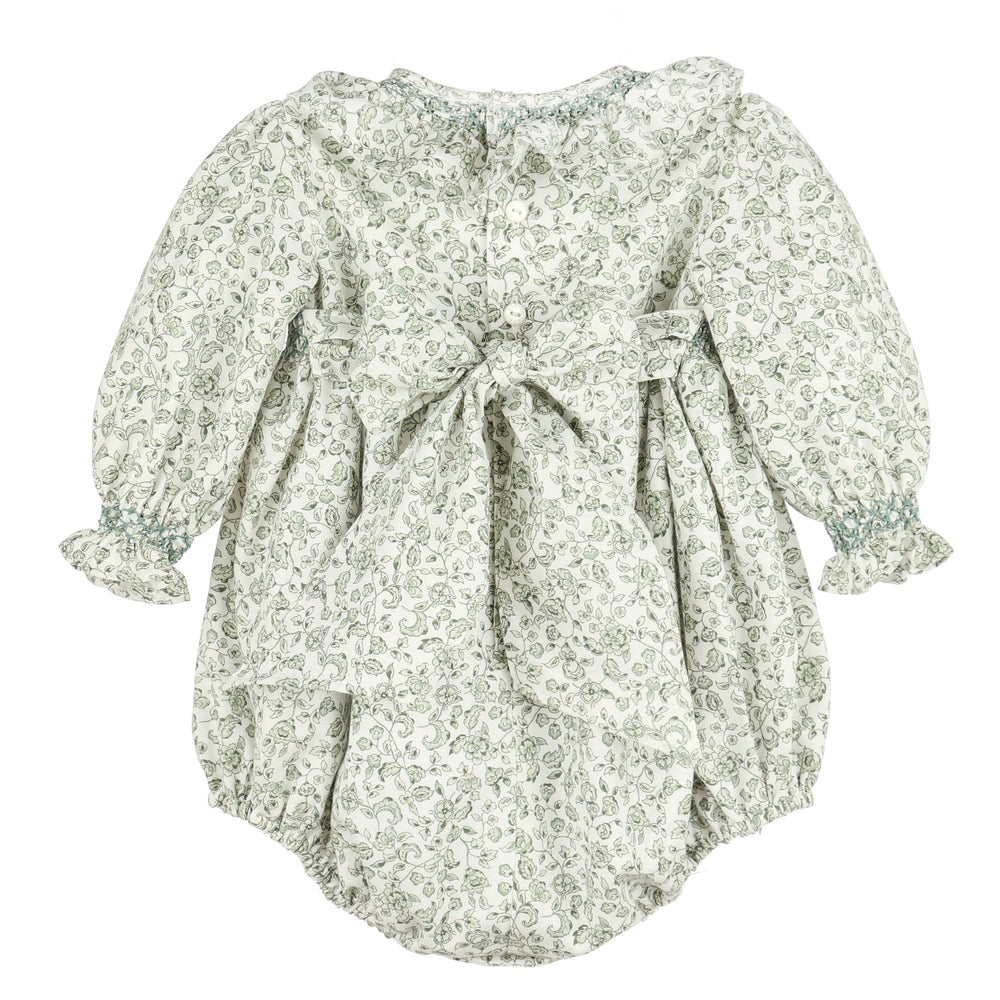 Back of Green Heirloom Floral Smocked Bubble with oversized bow, button closure, and ruffled cuffs