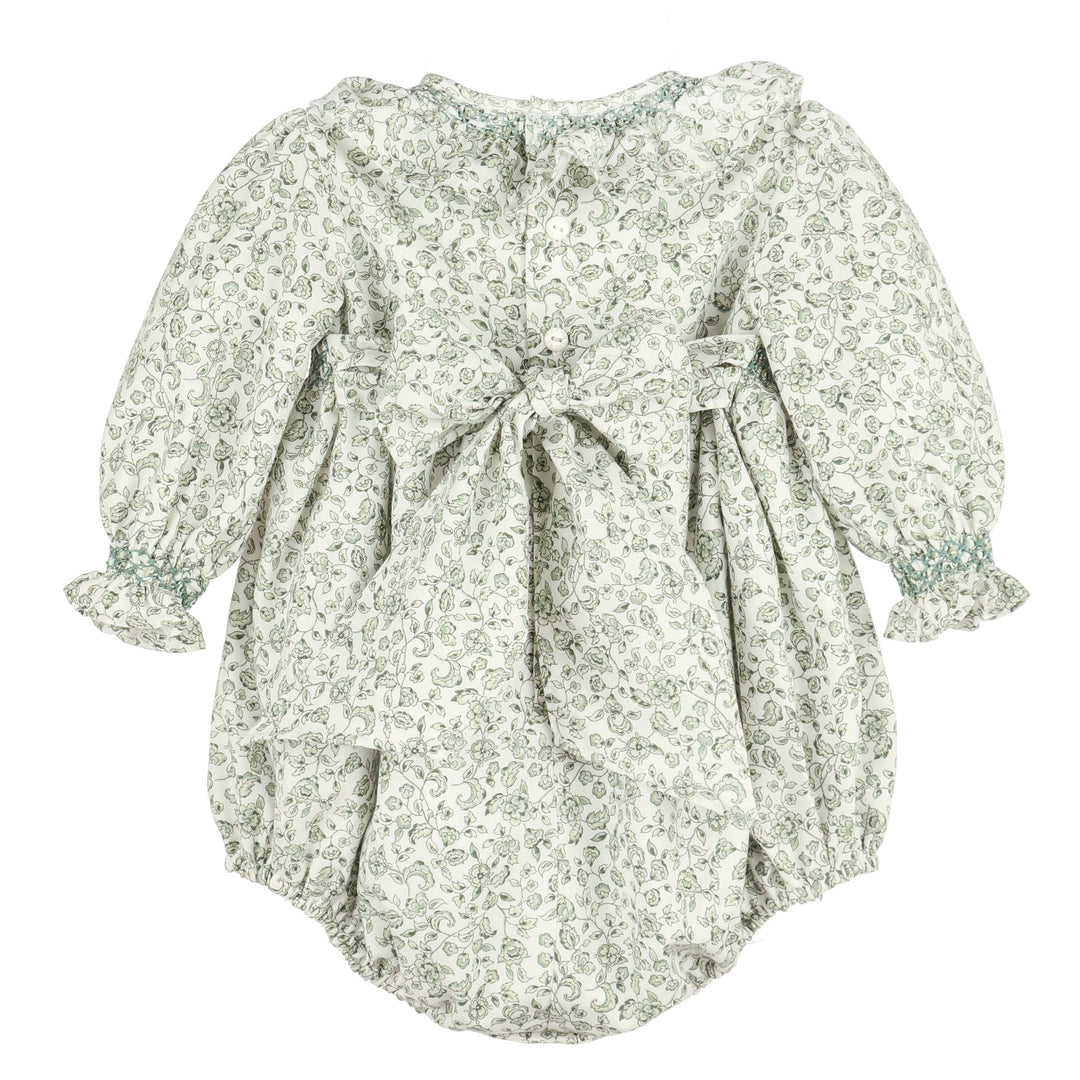 Back of Green Heirloom Floral Smocked Bubble with oversized bow, button closure, and ruffled cuffs