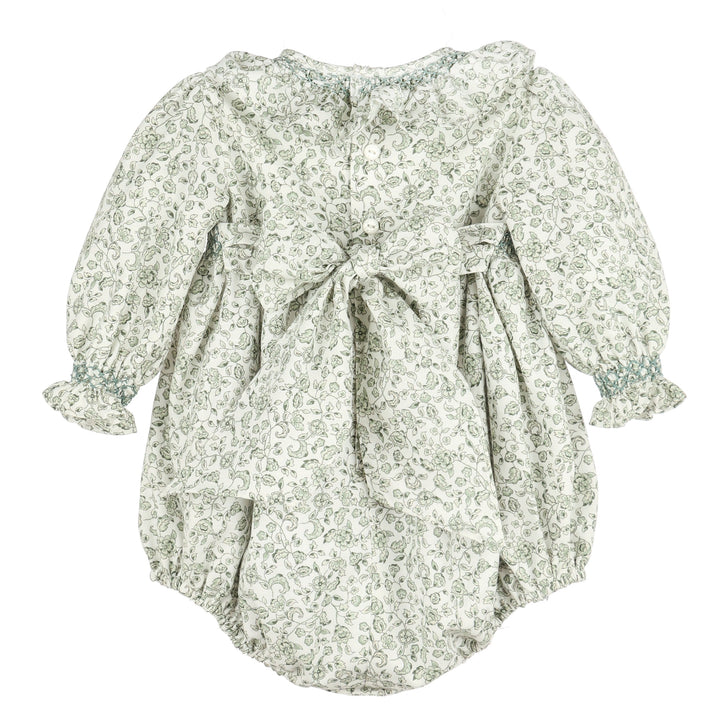 Back of Green Heirloom Floral Smocked Bubble with oversized bow, button closure, and ruffled cuffs