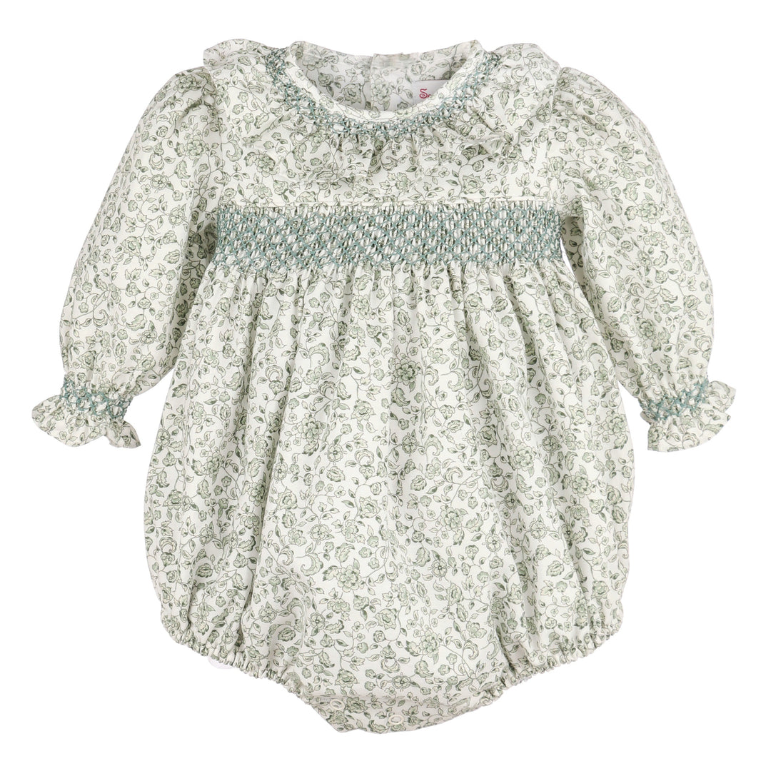 Green Heirloom Floral Smocked Bubble with delicate green floral print, hand-smocked detailing, and ruffled neckline