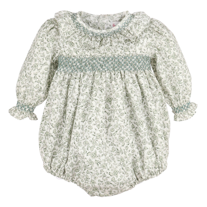 Green Heirloom Floral Smocked Bubble with delicate green floral print, hand-smocked detailing, and ruffled neckline