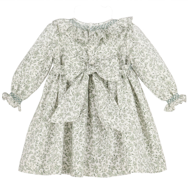 Back view of Green Heirloom Floral Smocked Dress featuring button closure, sash bow, and green floral print