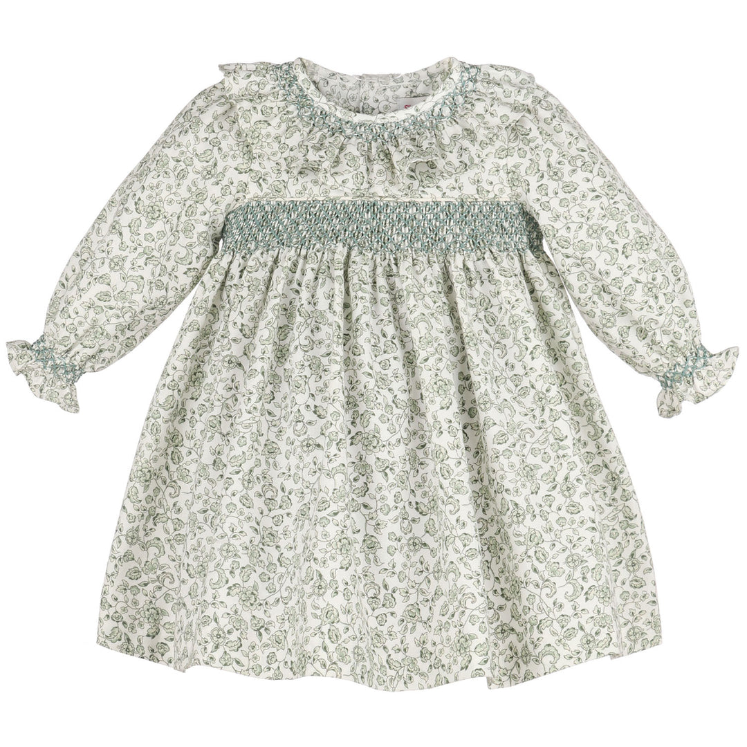 Green Heirloom Floral Smocked Dress for girls with long sleeves, ruffle details, and hand-smocked bodice