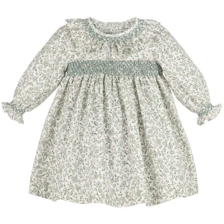 Green Heirloom Floral Smocked Dress for girls with long sleeves, ruffle details, and hand-smocked bodice