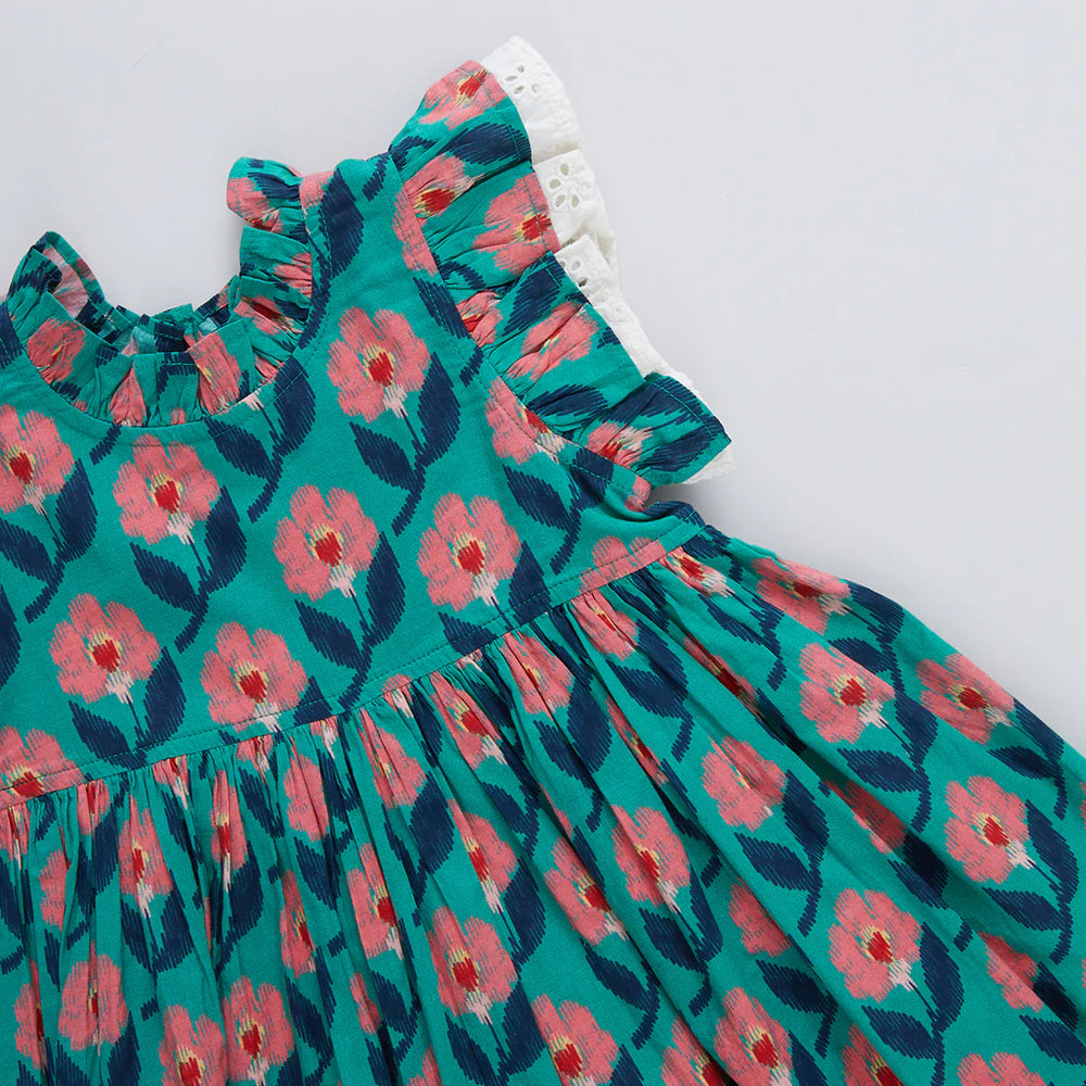 Girls Lelia Dress - Green Ikat Floral