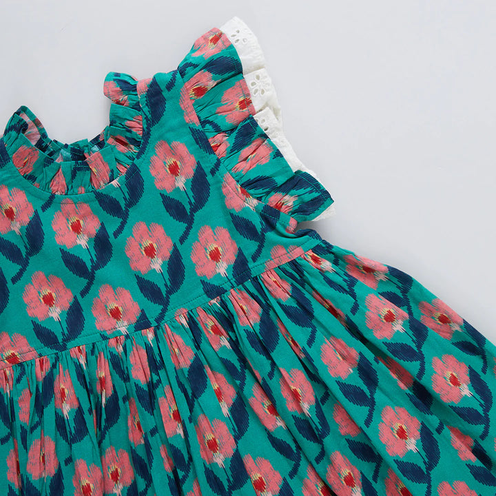 Girls Lelia Dress - Green Ikat Floral