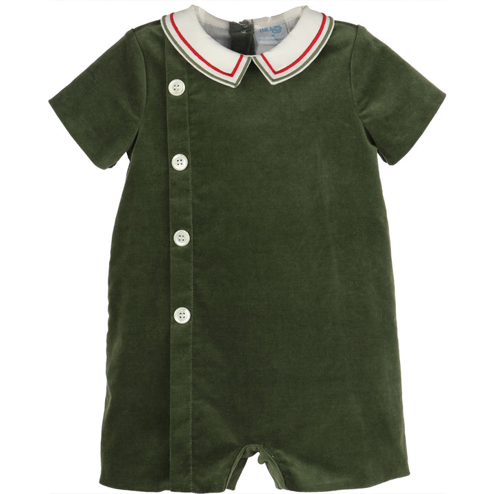 Green Mistletoe Velvet Romper for baby boys with white Peter Pan collar, red and green trim, and decorative button front