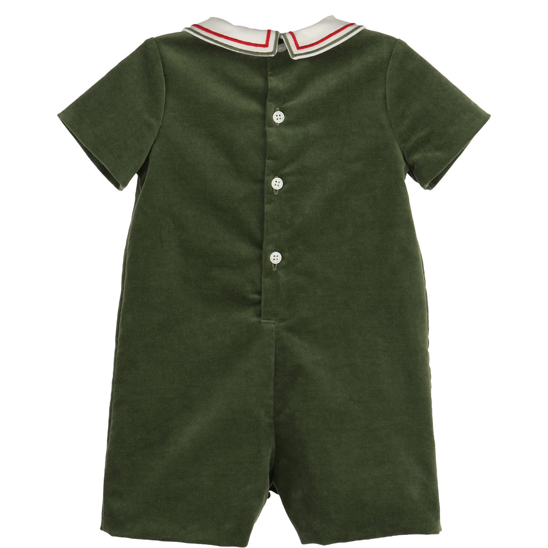 Back view of Green Mistletoe Velvet Romper for baby boys featuring soft green velvet, short sleeves, and button closure