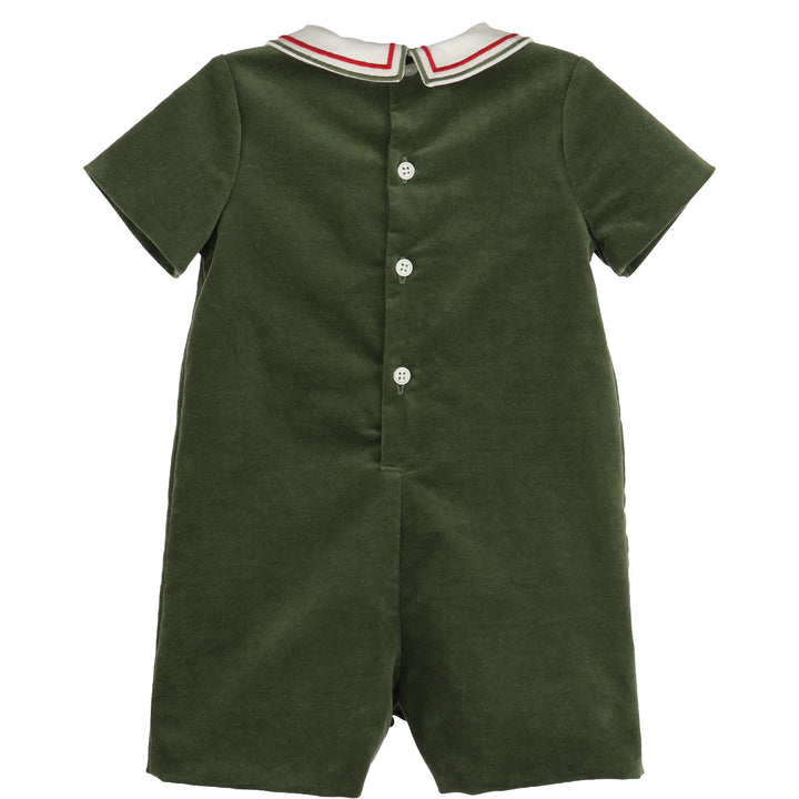 Back view of Green Mistletoe Velvet Romper for baby boys featuring soft green velvet, short sleeves, and button closure