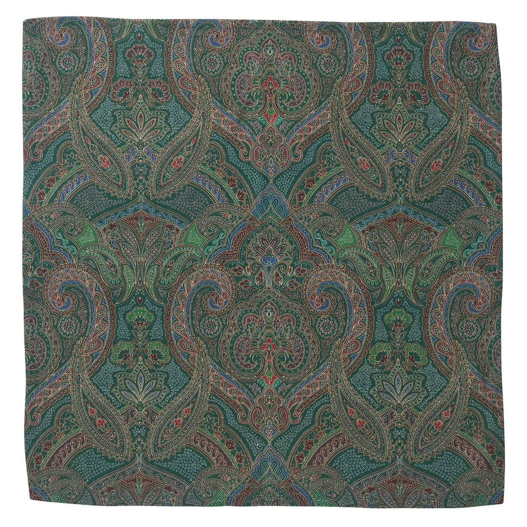 Green paisley cloth napkin featuring an ornate pattern in forest green, burgundy, brown and blue with floral and scroll details.