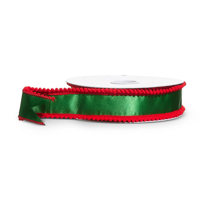 Green satin wired Christmas ribbon featuring a vibrant red pom pom edge and smooth satin finish, 1.5 inches wide and 10 yards long, perfect for Christmas wreaths, holiday bows, Christmas trees, garlands, gift wrapping, and festive seasonal décor.