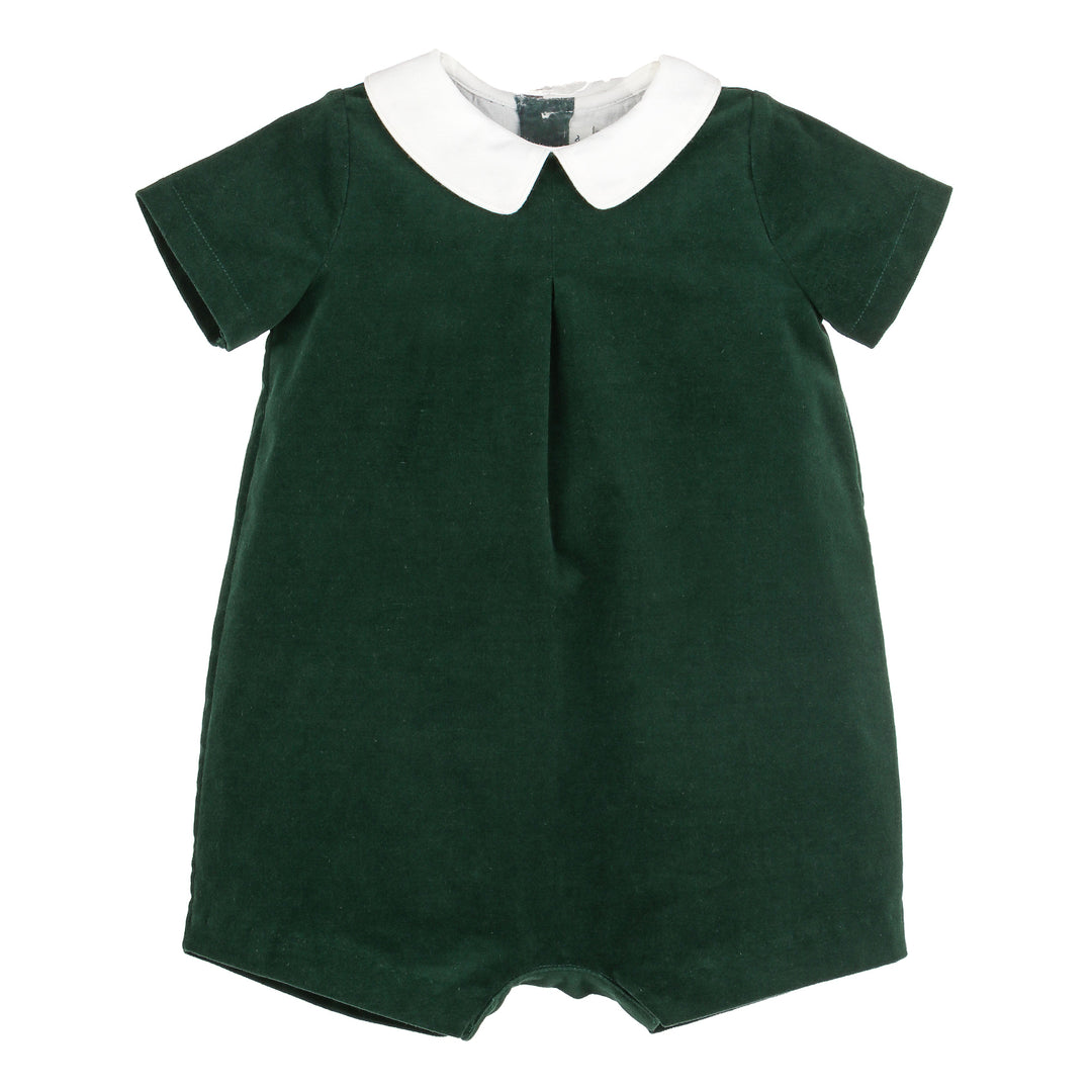 Green velvet Christmas romper with white split collar, short sleeves, and front pleat detail for baby boys.
