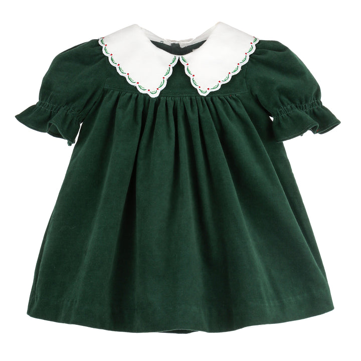 Green Velvet Good Tidings Miller Dress with white scalloped collar and festive holiday embroidery