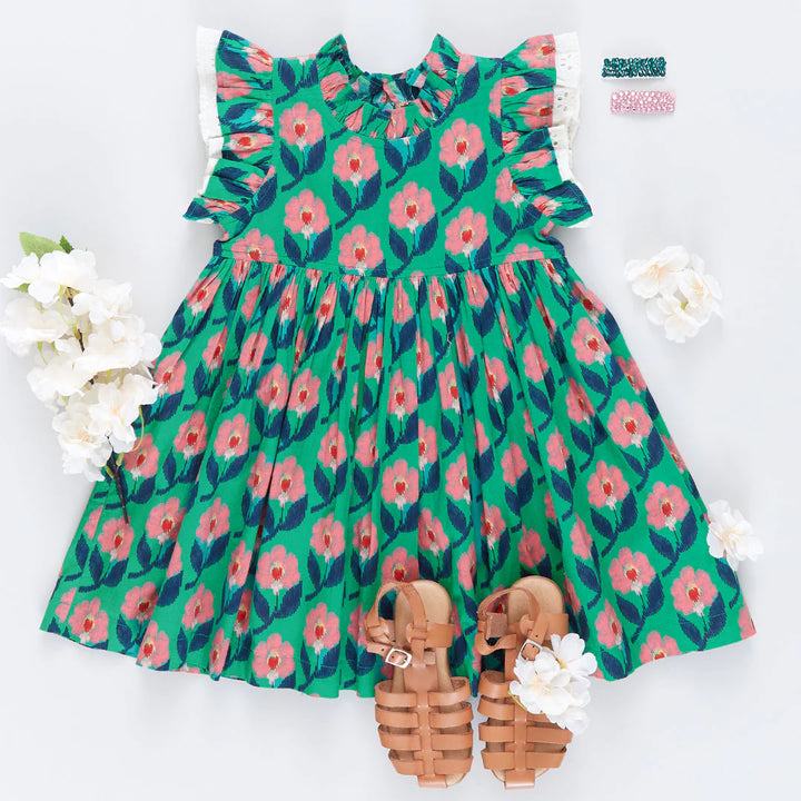Girls Lelia Dress - Green Ikat Floral