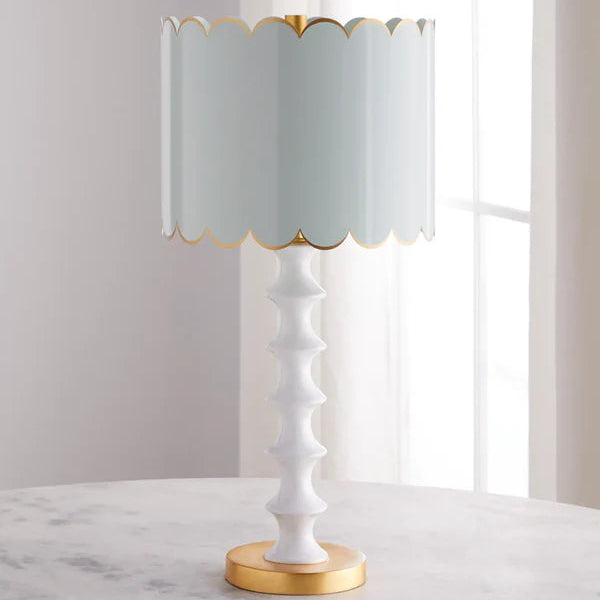 Eloise Mint Blue & Gloss White Table Lamp with Scalloped Edge Shade