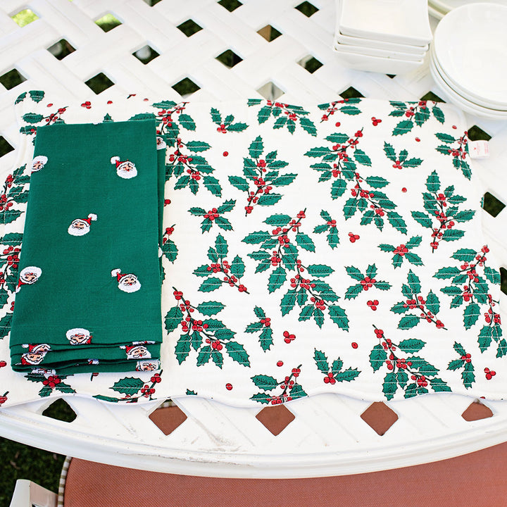 Reversible Quilted Placemat Set of 2 - Gardenia Santas / Holly
