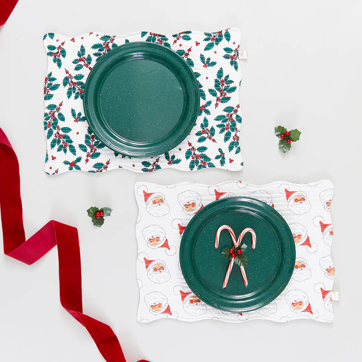 Reversible Quilted Placemat Set of 2 - Gardenia Santas / Holly