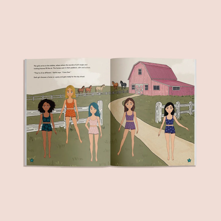 Inside pages of My Fancy Sticker Storybook Horses &amp; Ponies showing illustrated characters, horses, and a charming pink barn.