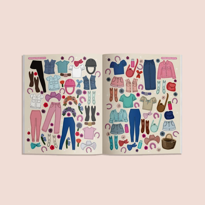 Colorful sticker sheets from My Fancy Sticker Storybook Horses &amp; Ponies featuring equestrian outfits, cowboy boots, hats, flowers, and accessories.