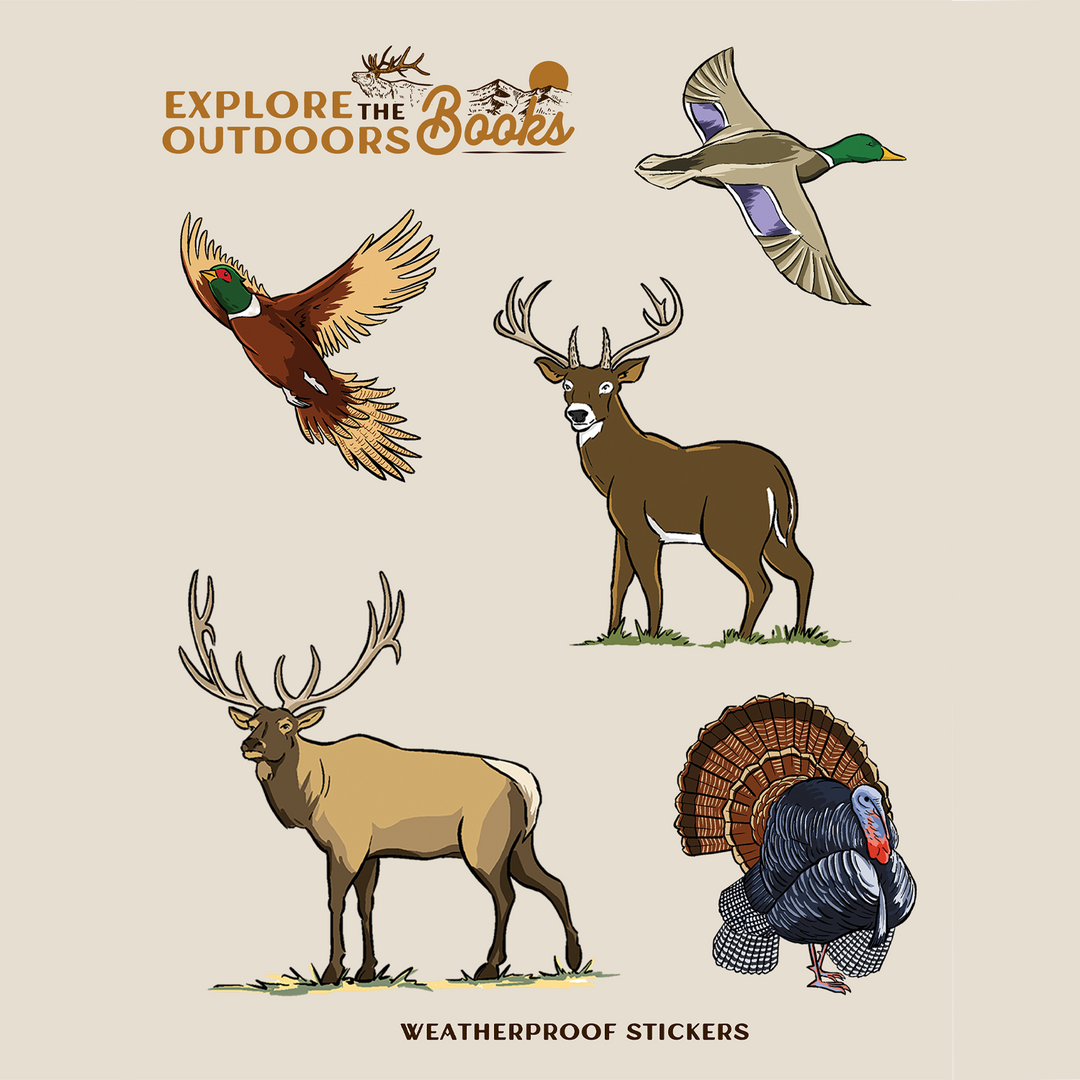 Hunting Weatherproof Sticker Sheet featuring illustrated whitetail deer, elk, turkey, pheasant and mallard duck outdoor stickers.