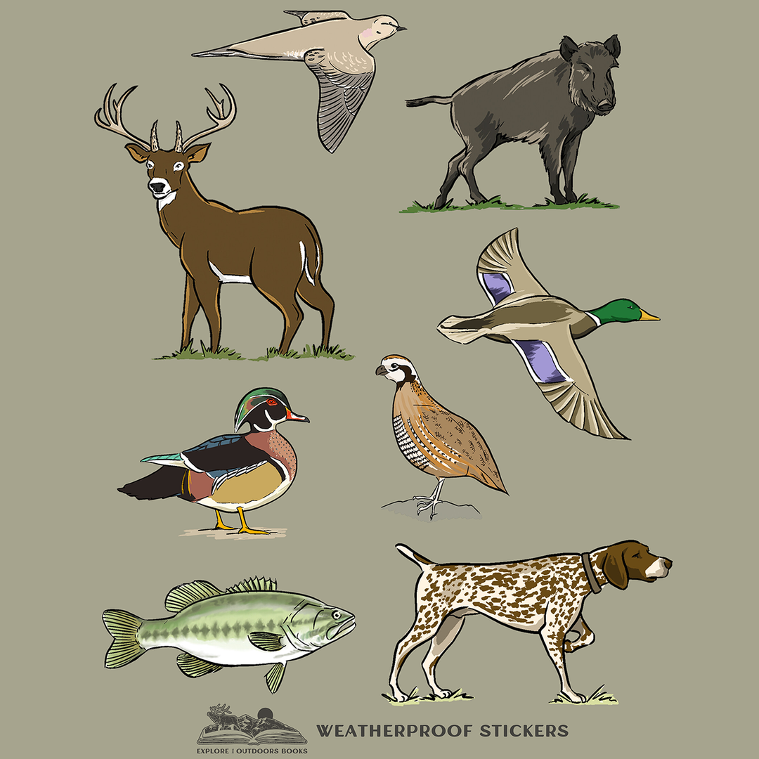 Hunting Weatherproof Sticker Sheet featuring illustrated whitetail deer, wild boar, ducks, quail, bass, dove and hunting dog.