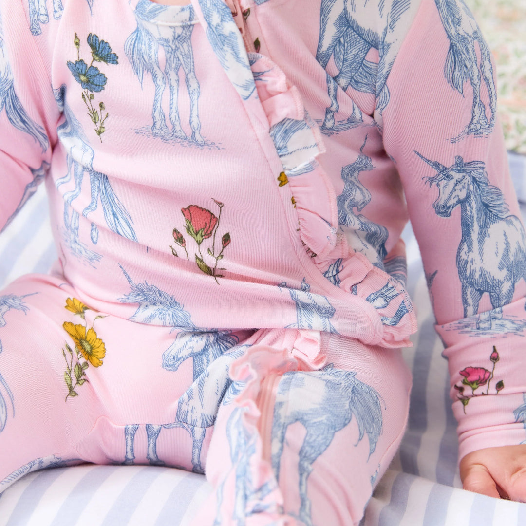 Baby Girls Ruffle Bamboo Romper - Pink Unicorn Fields