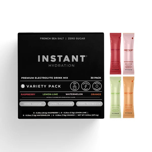 Instant Hydration electrolyte drink mix variety pack with 30 zero-sugar hydration sticks in Raspberry, Lemon-Lime, Watermelon and Orange flavors.
