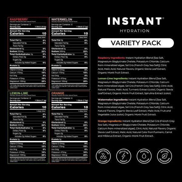 Instant Hydration Variety Pack nutrition facts and ingredients for Raspberry, Lemon-Lime, Watermelon and Orange electrolyte drink mix sticks.