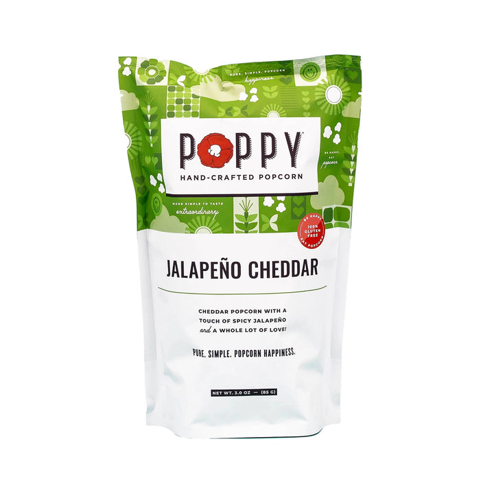 Poppy Jalapeño Cheddar Hand-Crafted Popcorn in green and white 3 oz bag.