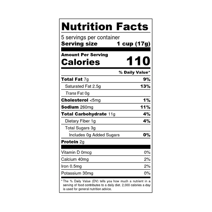 Nutrition facts for Poppy Jalapeño Cheddar Hand-Crafted Popcorn, including 110 calories per serving.
