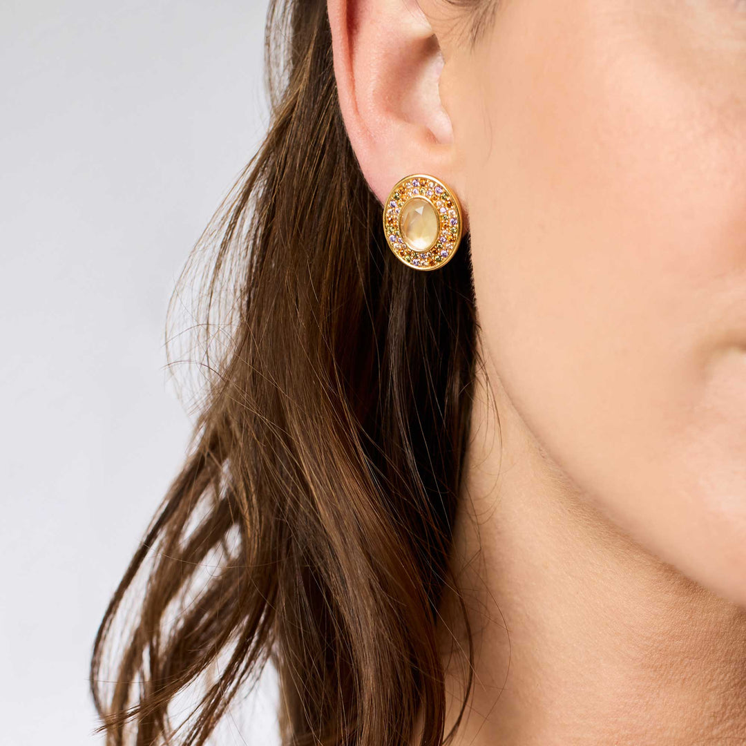 Julie Vos Stardust Stud Earrings in Iridescent Champagne worn on ear