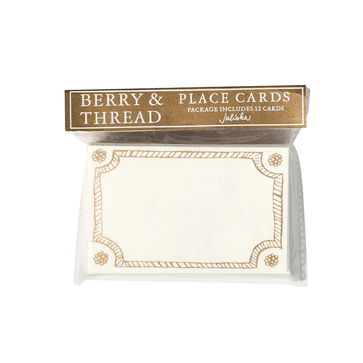 Juliska Berry &amp; Thread Place Cards set of 12 in original packaging, featuring white cards with gold decorative borders.