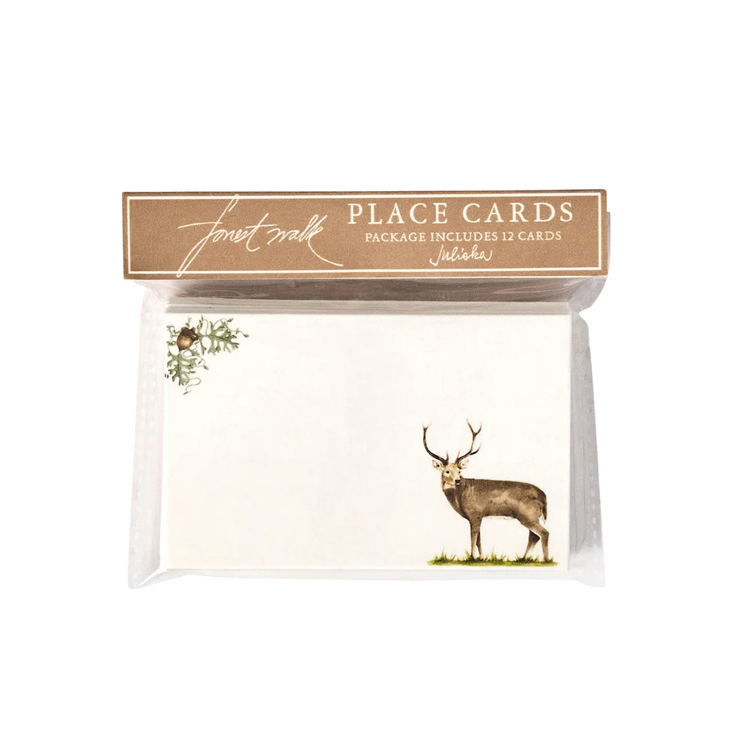 Juliska Forest Walk Deer Christmas Place Cards packaged as a set of 12 with woodland stag and botanical artwork.
