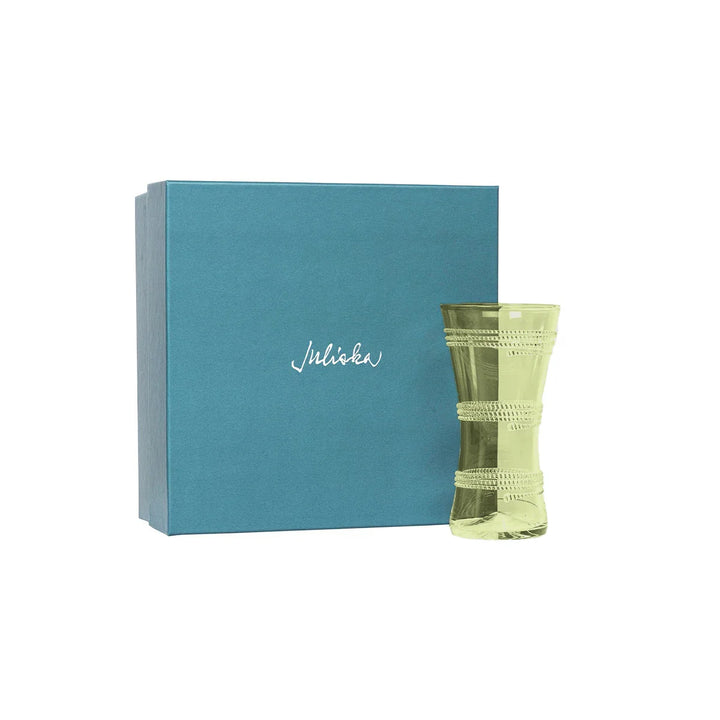 Juliska green glass vase with decorative thread detailing displayed beside its signature blue Juliska gift box.