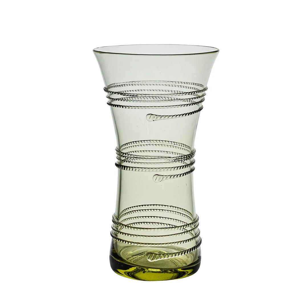 Juliska green glass vase with a flared silhouette and decorative wrapped thread detailing around the exterior.