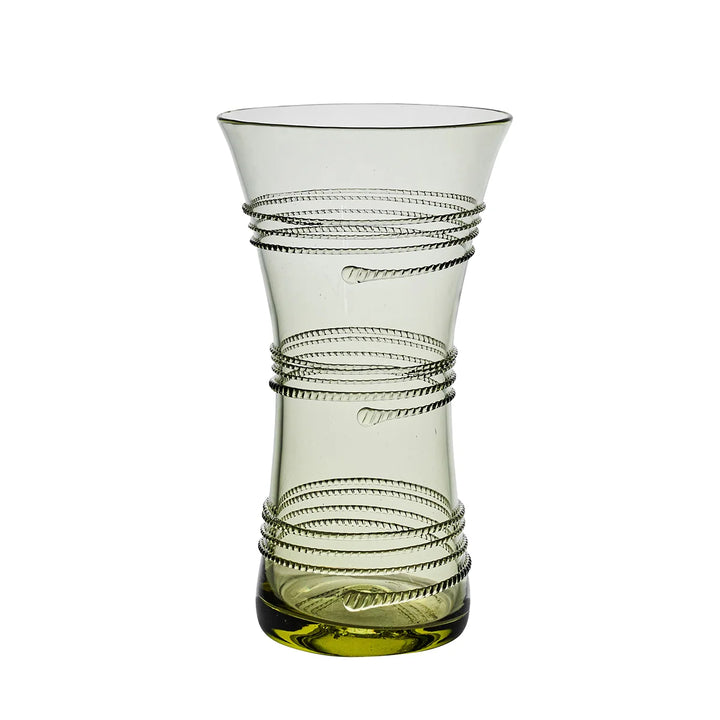 Juliska green glass vase with a flared silhouette and decorative wrapped thread detailing around the exterior.