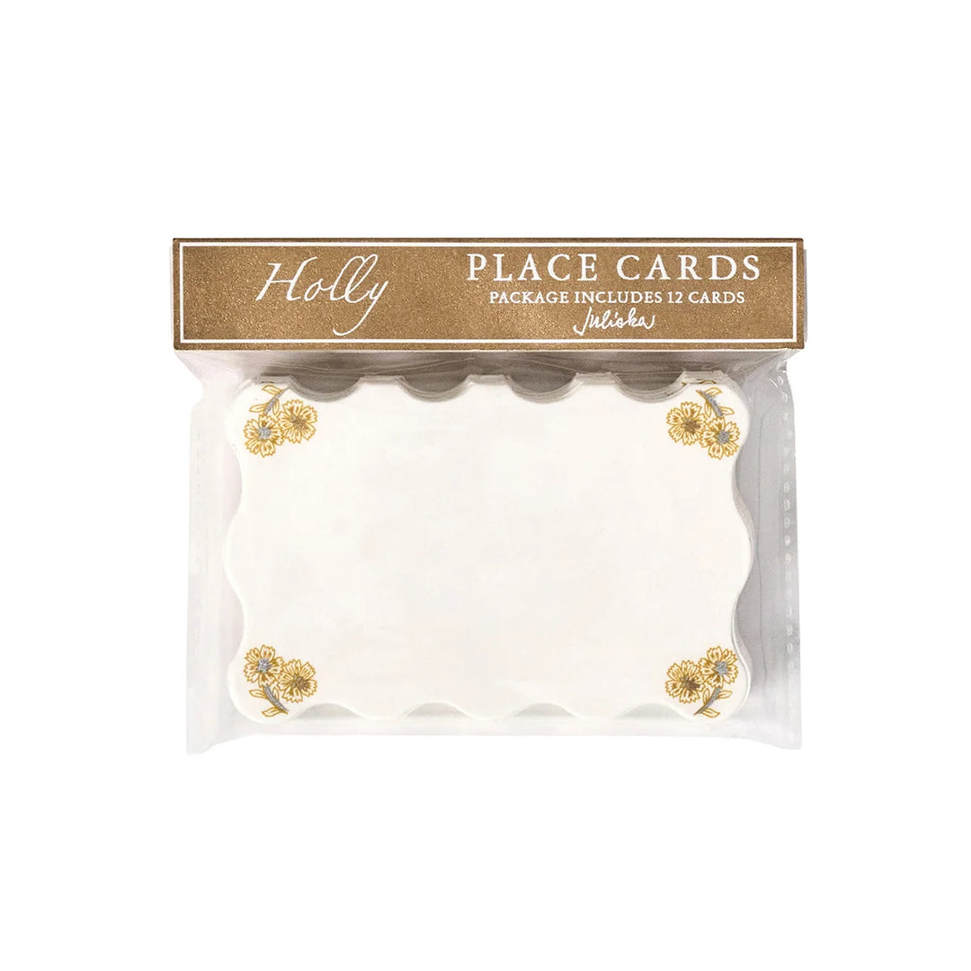Juliska Holly place cards set of 12 featuring scalloped edges and delicate gold floral corner details
