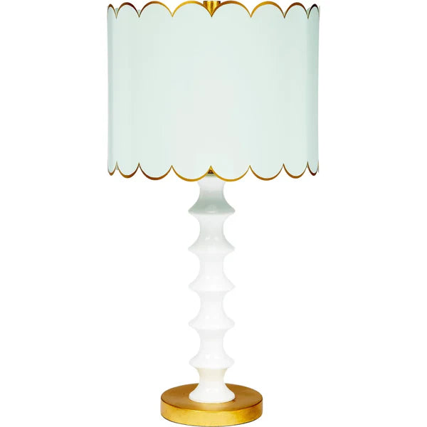 Eloise Mint Blue &amp; Gloss White Table Lamp with Scalloped Edge Shade