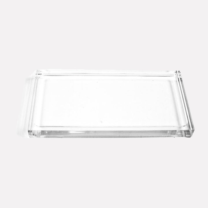 Large clear lucite rectangular organizer tray with thick transparent acrylic construction and raised edges for countertop storage and display.