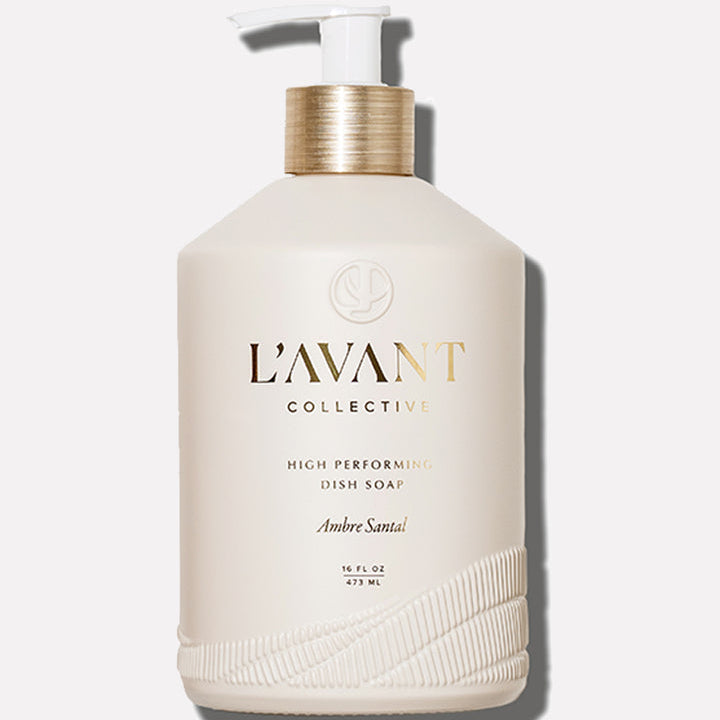 L’AVANT Collective Ambre Santal High Performing Dish Soap in a 16 oz white pump bottle with gold accents